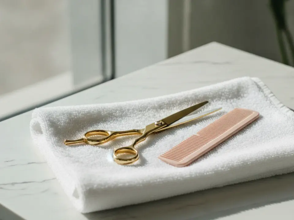 Tesoura dourada e pente rosa sobre uma t