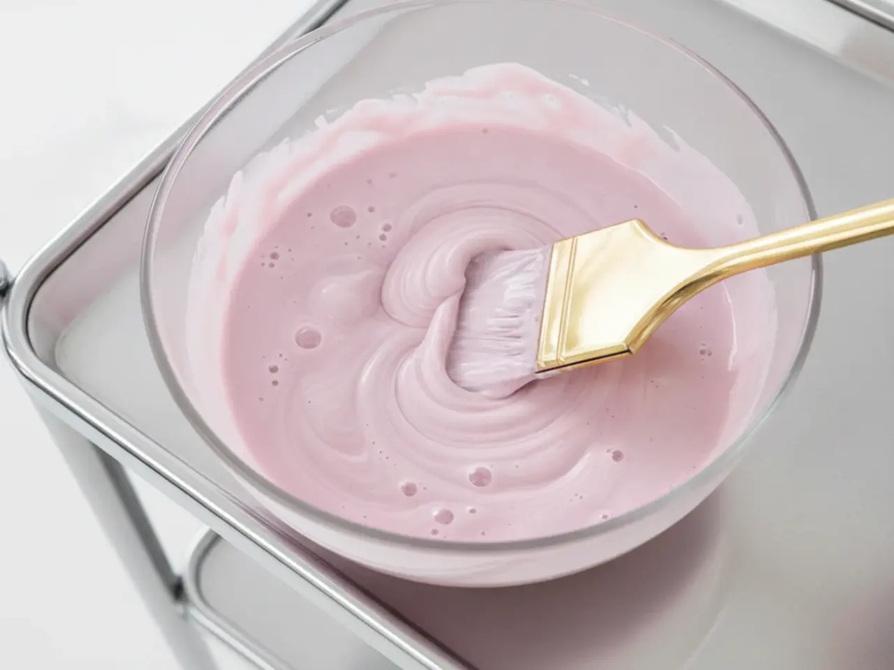 Tigela de vidro com tinta de cabelo rosa